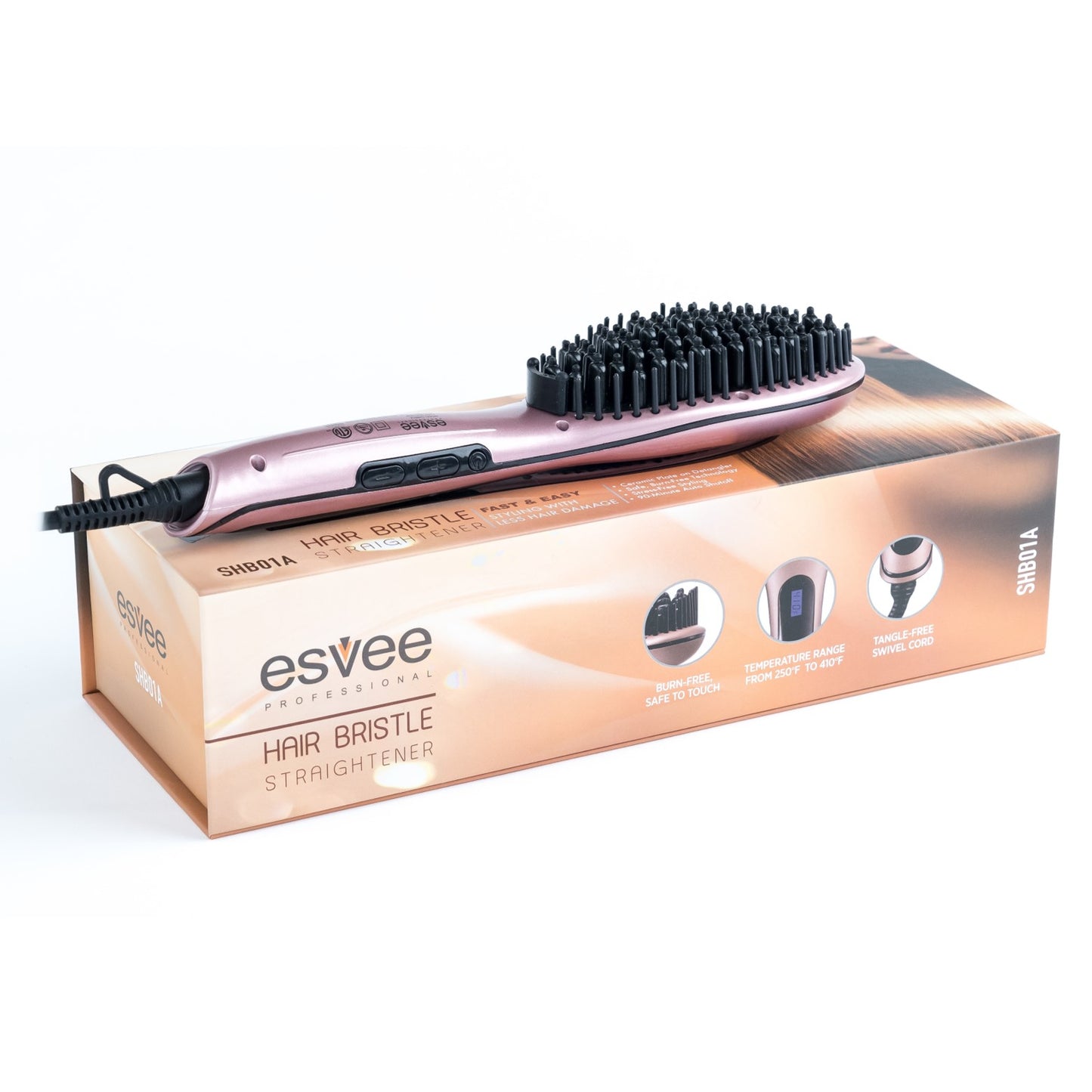 Alisador de cabelo profissional Esvee com cerdas - Escova alisadora de cabelo com aquecimento de cerâmica e tecnologia antifrizz, desligamento automático e aquecimento de 30 segundos