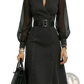 Sheer Sleeve Colorblock Denim Midi Dress with Belt