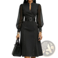 Sheer Sleeve Colorblock Denim Midi Dress with Belt