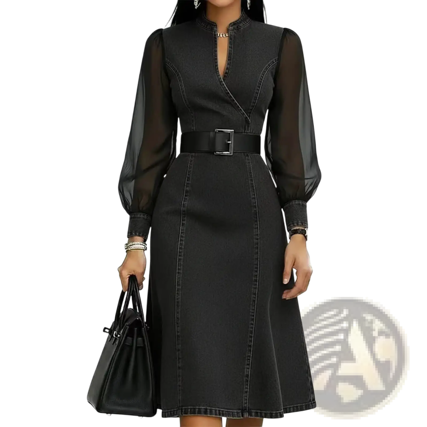 Sheer Sleeve Colorblock Denim Midi Dress with Belt