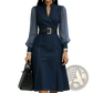 Sheer Sleeve Colorblock Denim Midi Dress with Belt