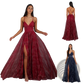 Shimmering v Neck High Slit Maxi Evening Gown