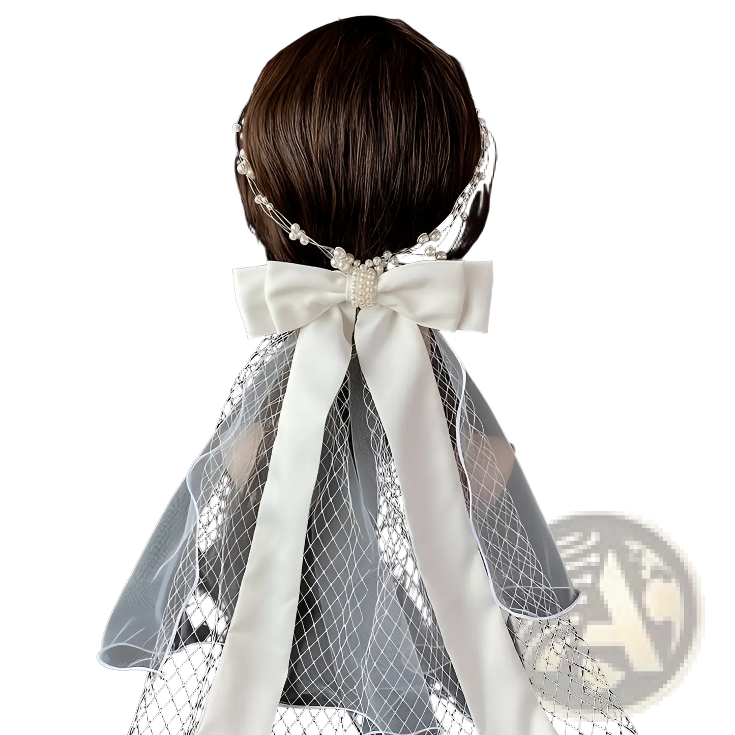 Short Bridal Veil with Satin Bow and Silver Hair Comb