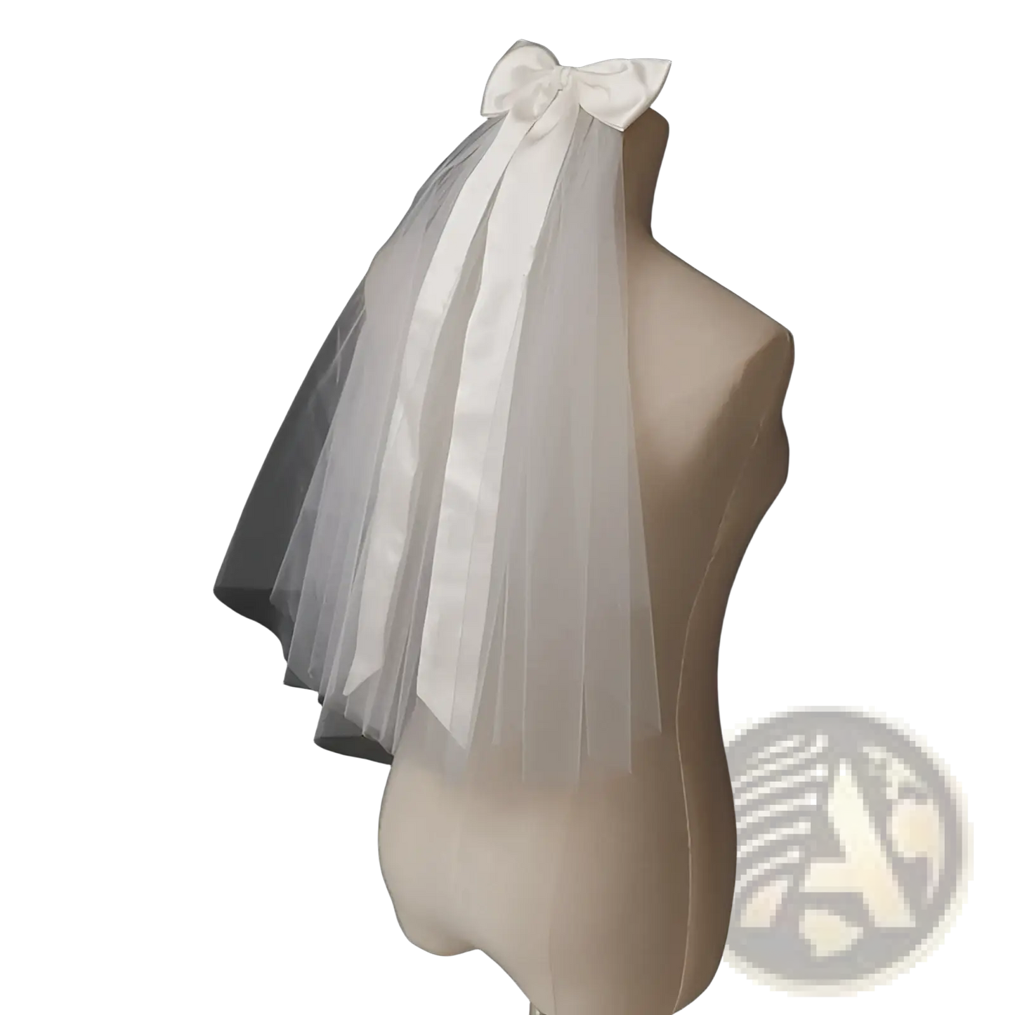 Short Bridal Veil with Satin Bow and Silver Hair Comb
