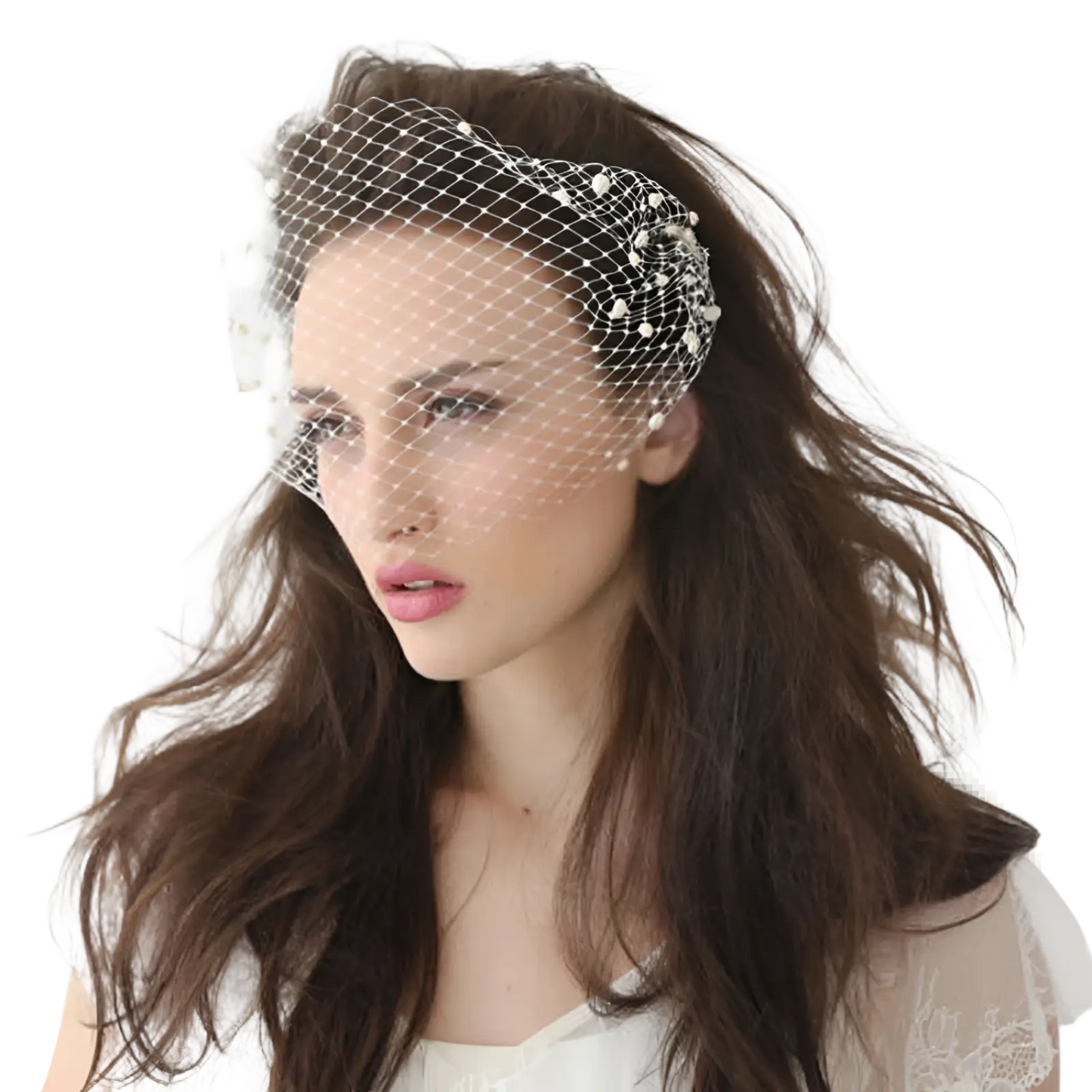 Short Pearl Beaded Mesh Bridal Veil with Gold Hair Comb
