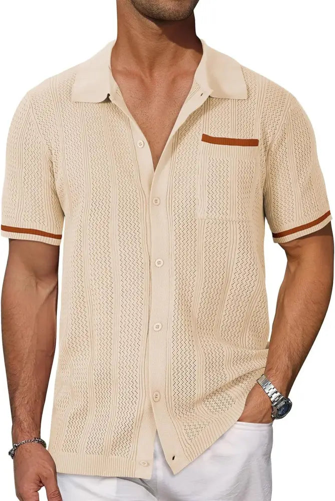 Men's Beige Hollow Knit Short Sleeve Cardigan Shirt