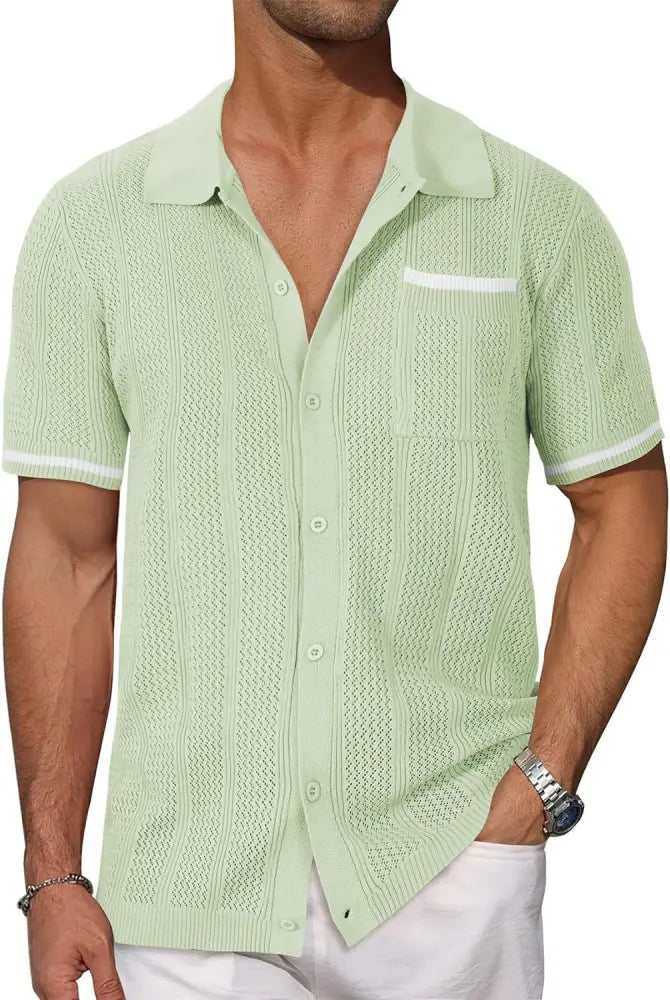 Men's Beige Hollow Knit Short Sleeve Cardigan Shirt