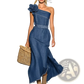 One Shoulder Floral Denim Maxi Dress