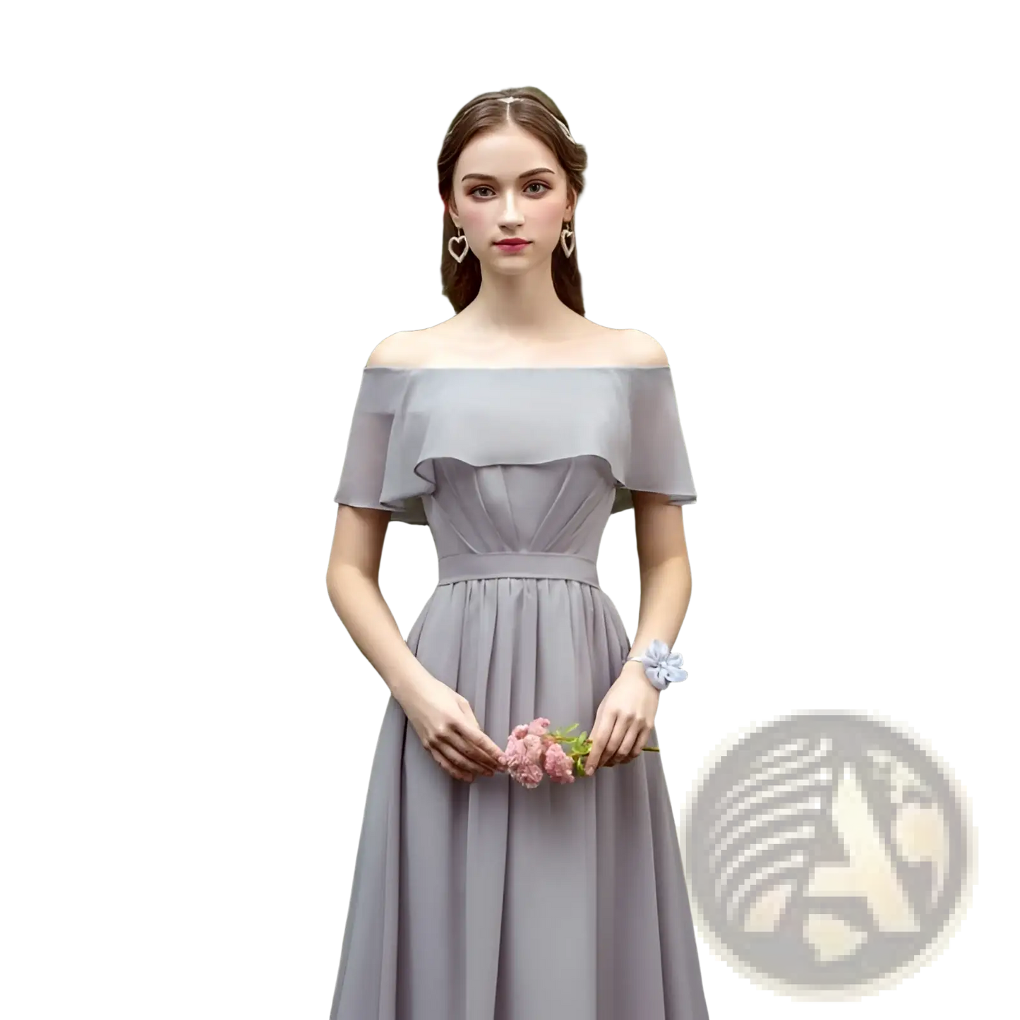 Off-the-shoulder Gray Chiffon Floor Length Bridesmaid Gown