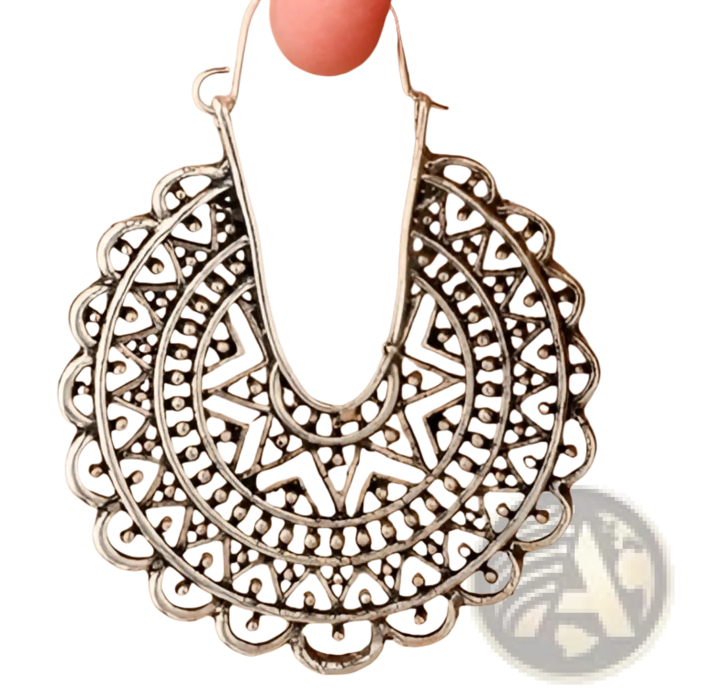 Silver Filigree Mandala Crescent Hoop Earrings