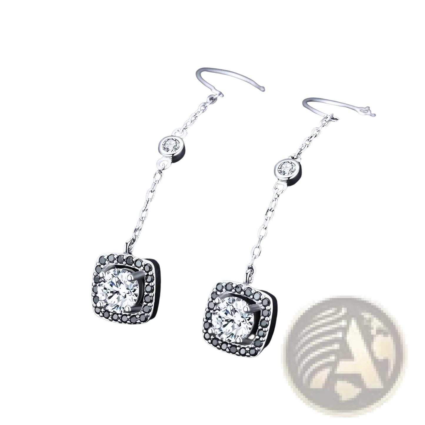 Silver Plated Zircon Square Drop Earrings with Black Stones