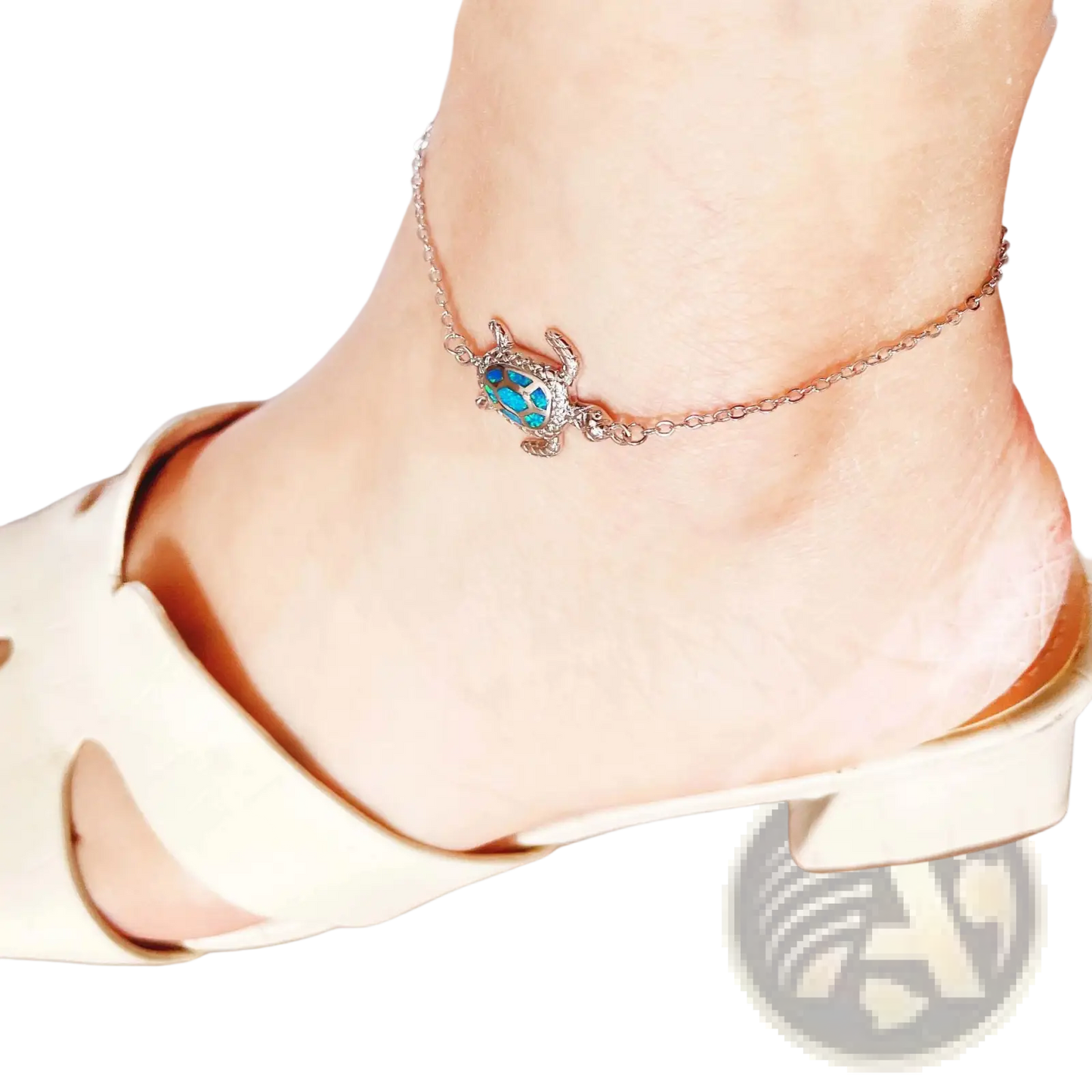 Silver Sea Turtle Opal Inlay Anklet