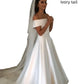 Off the Shoulder Satin a Line Wedding Gown with Sweep Train