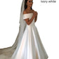 Off the Shoulder Satin a Line Wedding Gown with Sweep Train