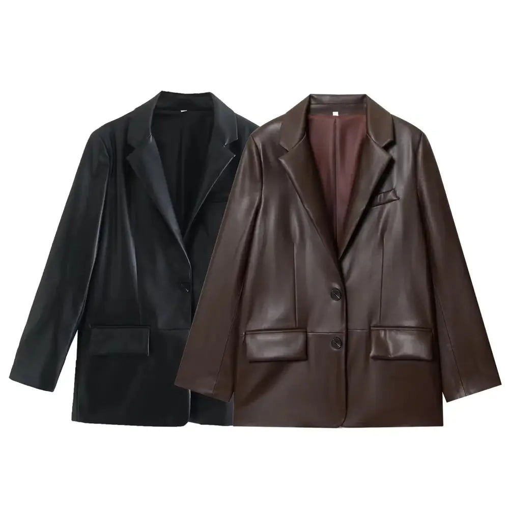Women's Straight Brown Faux Leather Blazer