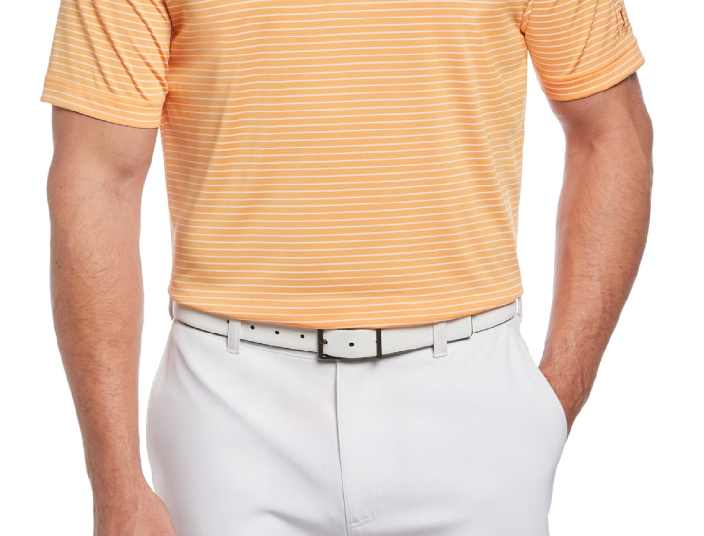 Polo de golfe listrado com alimentação única masculina PGA Tour, laranja, tamanho médio