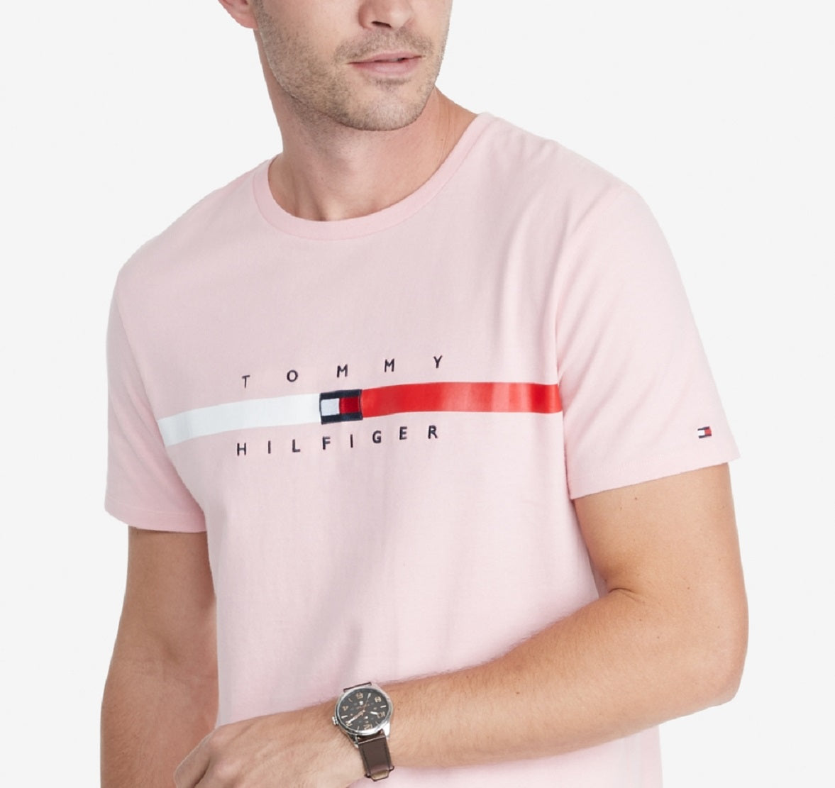 Camiseta Tommy Hilfiger Masculina Listrada de Bandeira Manga Curta Rosa Tamanho Grande