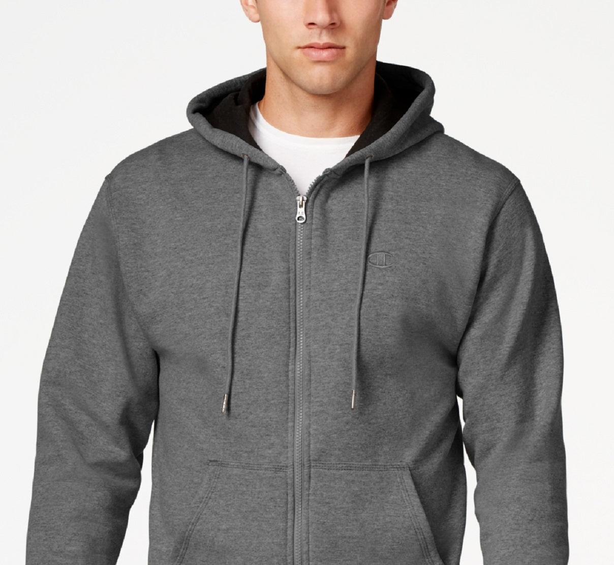 Moletom com capuz Champion Powerblend Fleece com zíper, cinza, tamanho grande, masculino