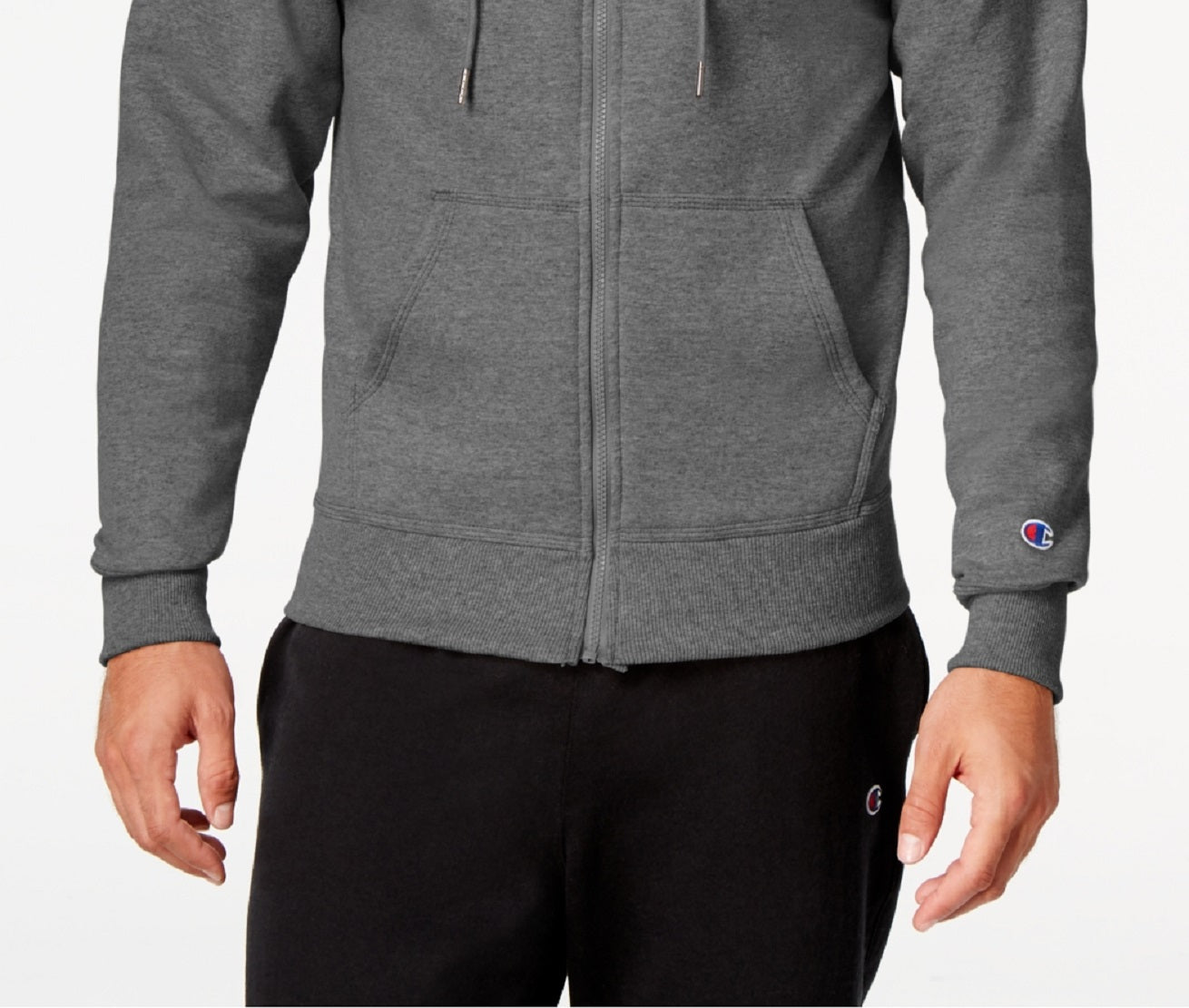 Moletom com capuz Champion Powerblend Fleece com zíper, cinza, tamanho grande, masculino