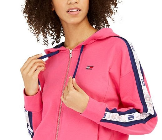 Tommy Hilfiger Moletom com capuz feminino com logotipo esportivo e zíper, rosa, tamanho extragrande