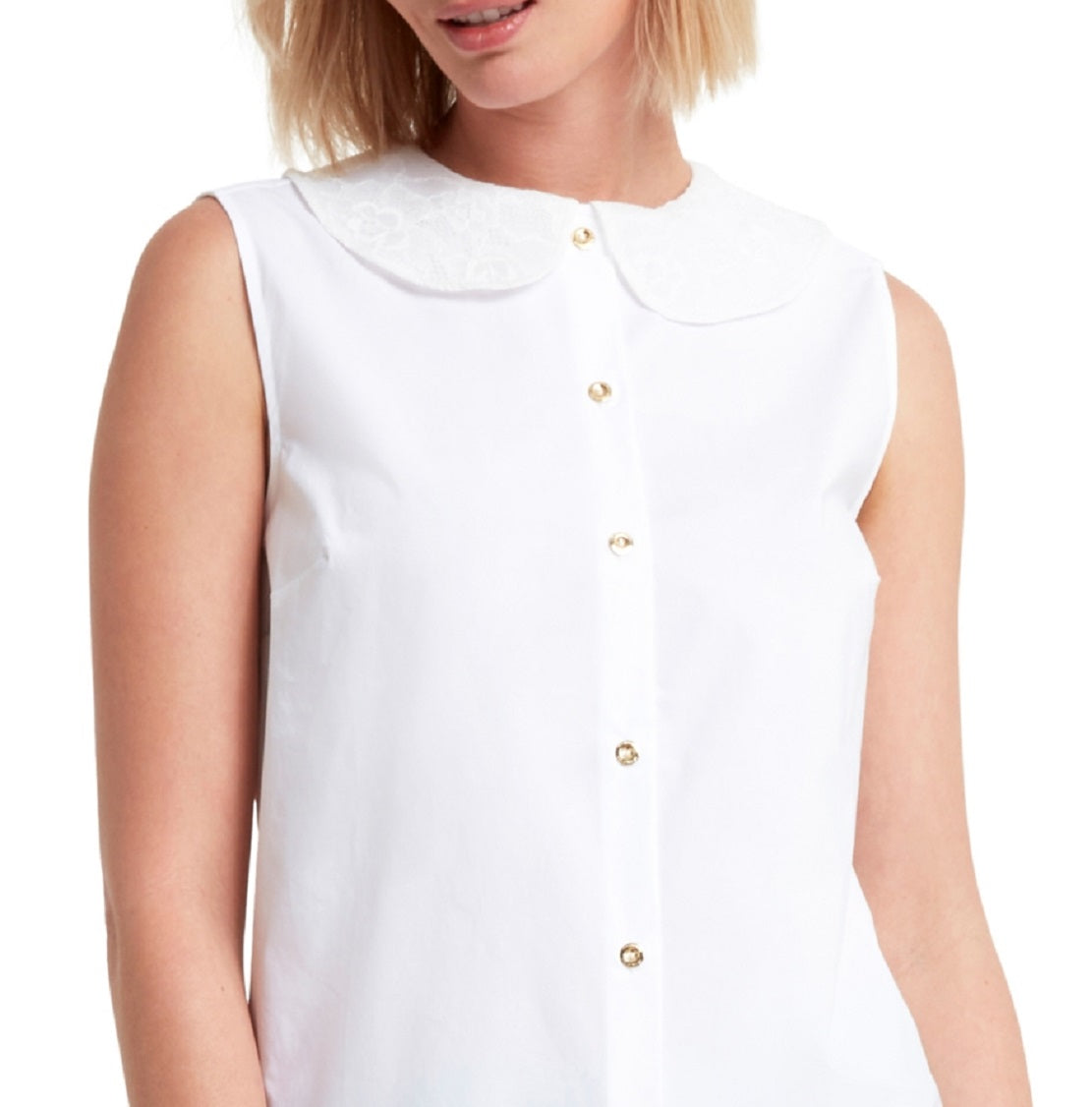 Blusa feminina H Halston sem mangas com gola de renda, branca, tamanho médio