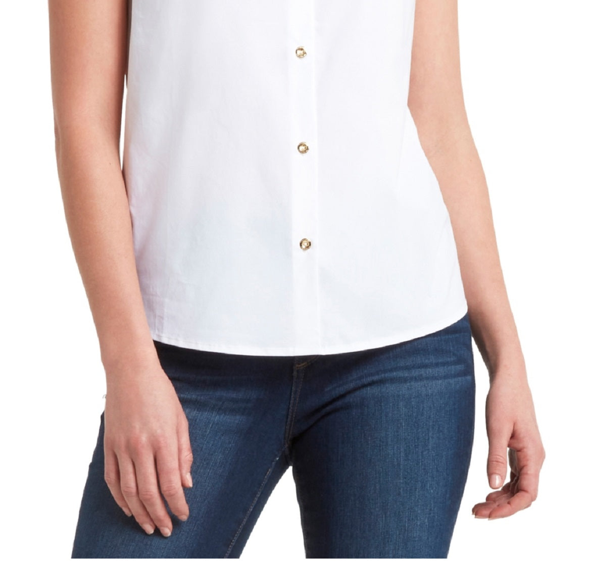 Blusa feminina H Halston sem mangas com gola de renda, branca, tamanho médio