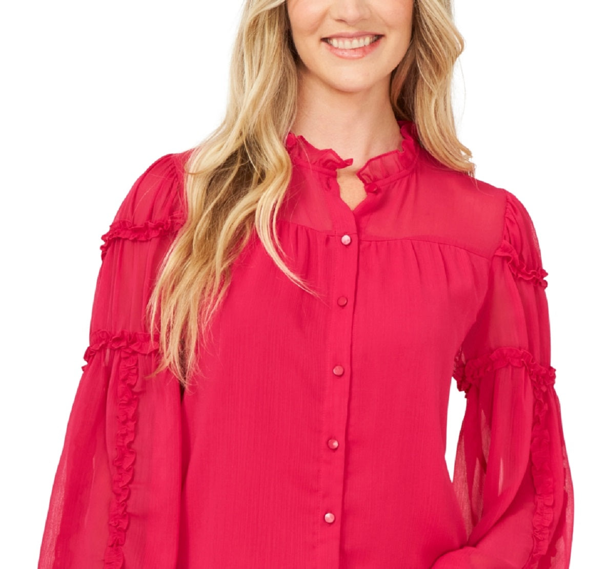 Blusa CeCe Feminina com Detalhe de Babados em Chiffon Amassado Rosa Tamanho XG