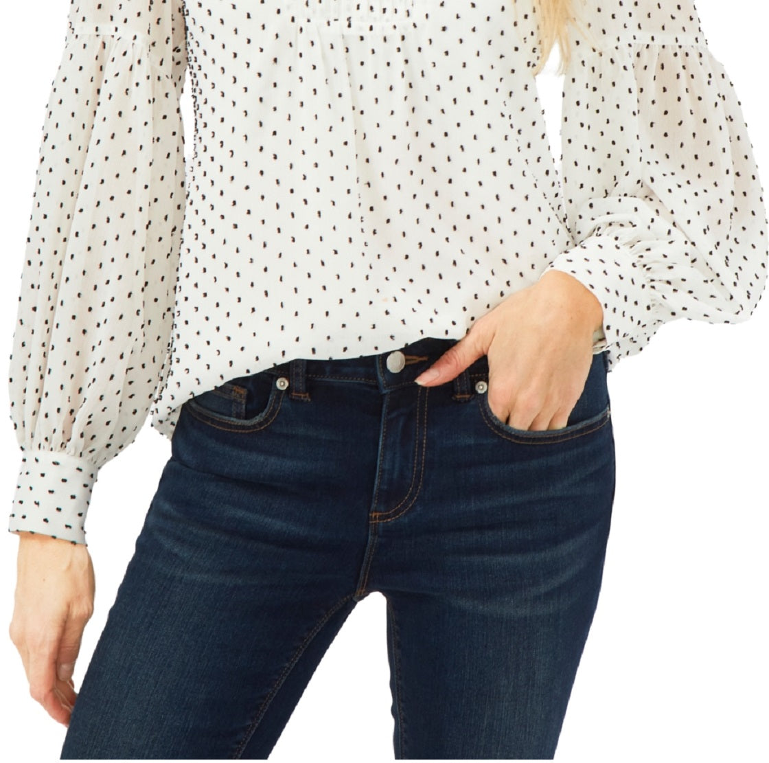 Blusa feminina CeCe com bolinhas e manga comprida, marrom, tamanho pequeno