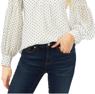 Blusa feminina CeCe com bolinhas e manga comprida, marrom, tamanho pequeno