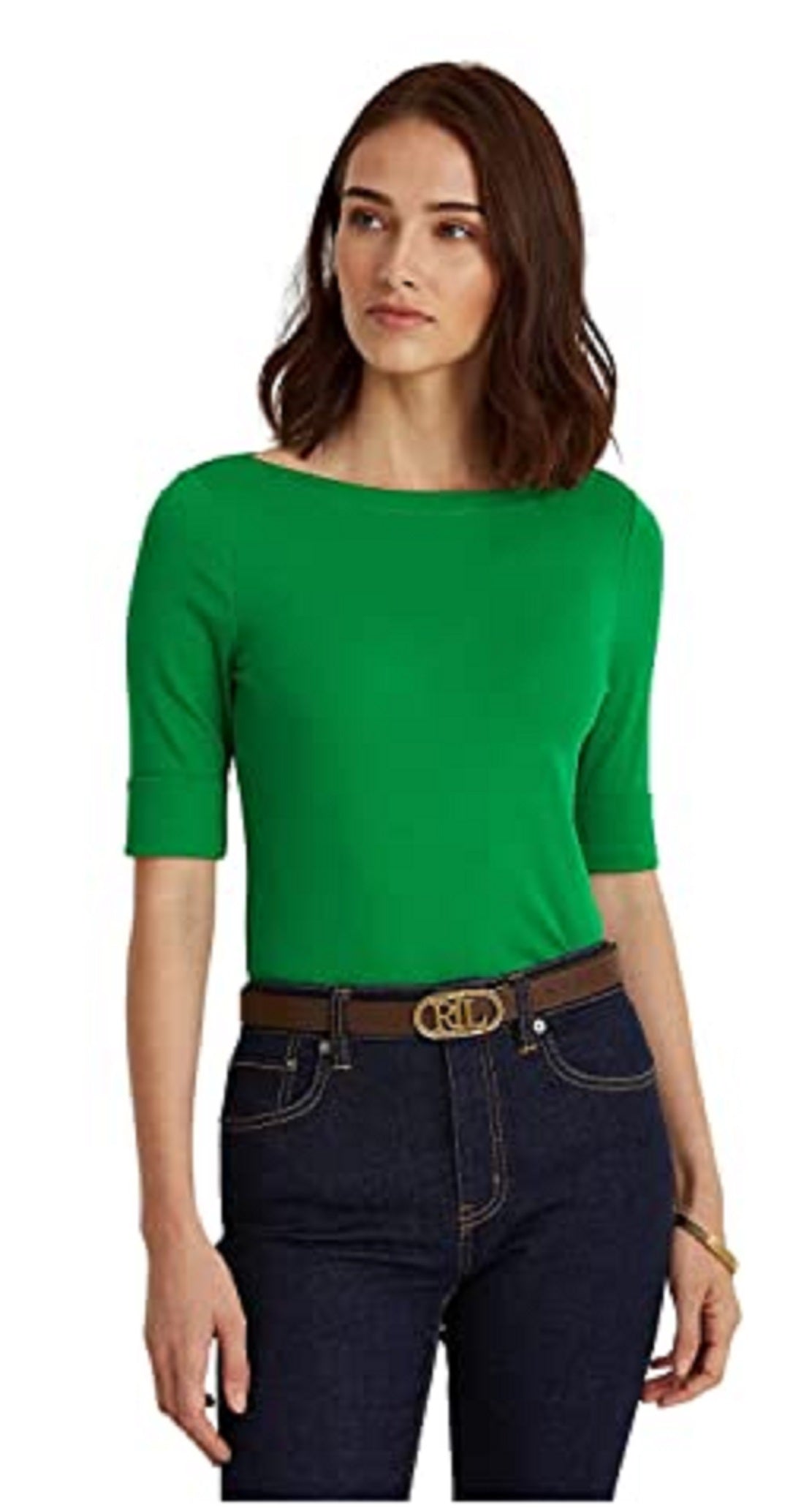 Camiseta Ralph Lauren Feminina de Algodão com Gola Canoa Verde Tamanho Grande