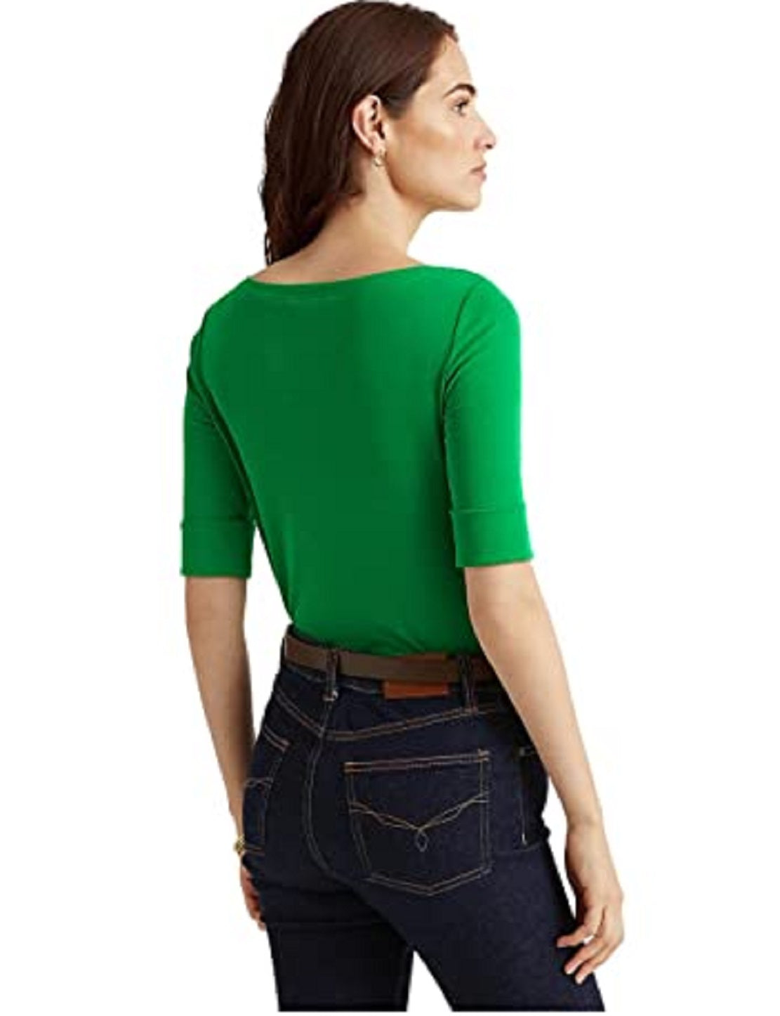 Camiseta Ralph Lauren Feminina de Algodão com Gola Canoa Verde Tamanho Grande