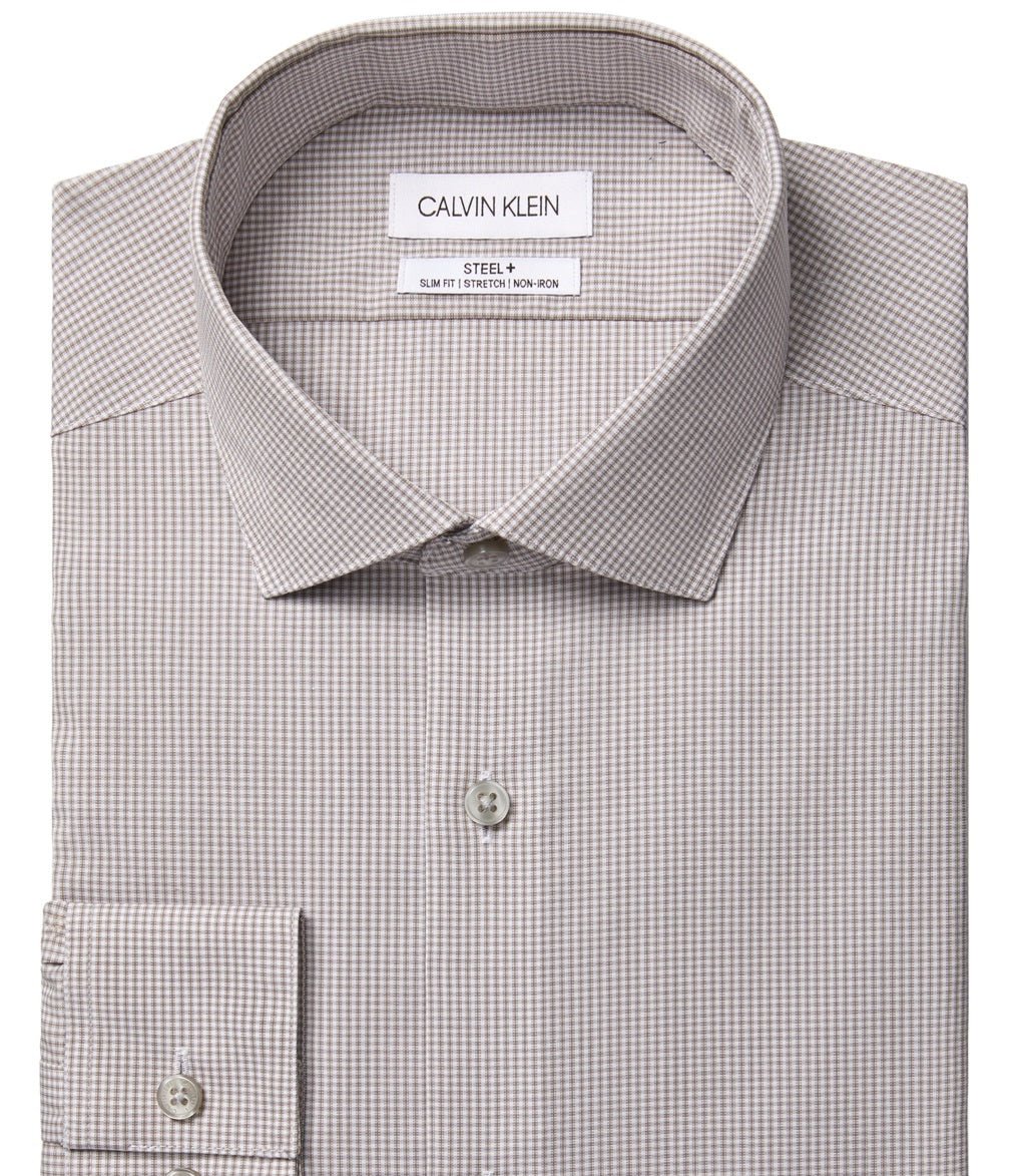 Camisa social masculina Calvin Klein Slim Fit Stretch Modern Check, sem passar, bege, tamanho 16,5 x 34 x 35