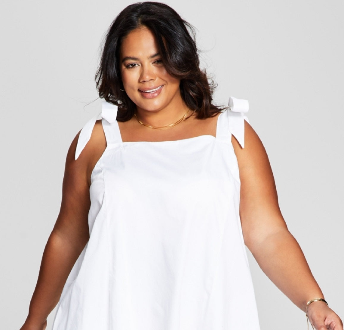 E agora este vestido feminino de algodão com amarração no ombro, branco, tamanho 1X