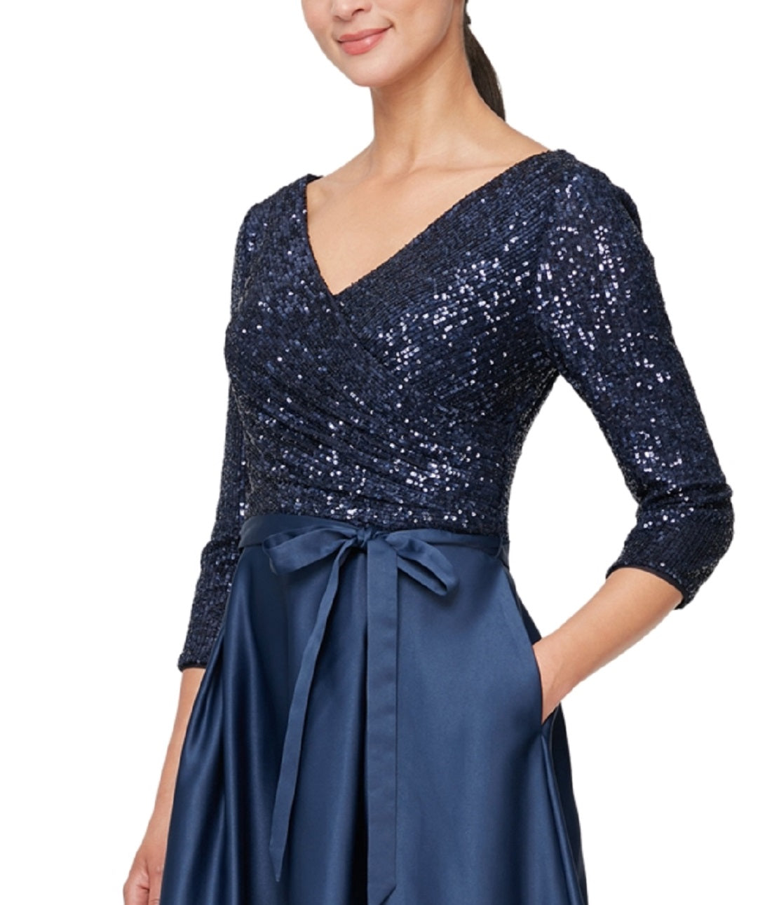 Vestido midi feminino Alex Evenings com lantejoulas e cetim, azul, tamanho 18