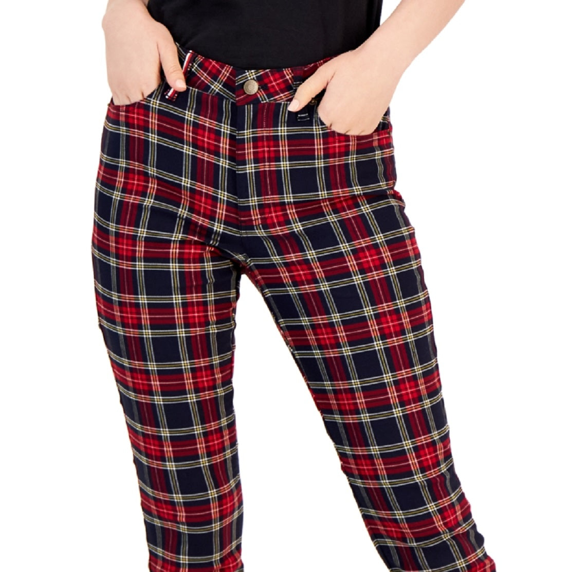Calça skinny feminina Tommy Hilfiger Tribeca xadrez estampada, azul, tamanho 12