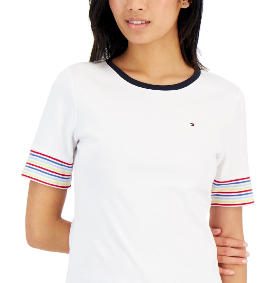 Camiseta Tommy Hilfiger Feminina de Algodão com Manga Listrada, Branca, Tamanho P