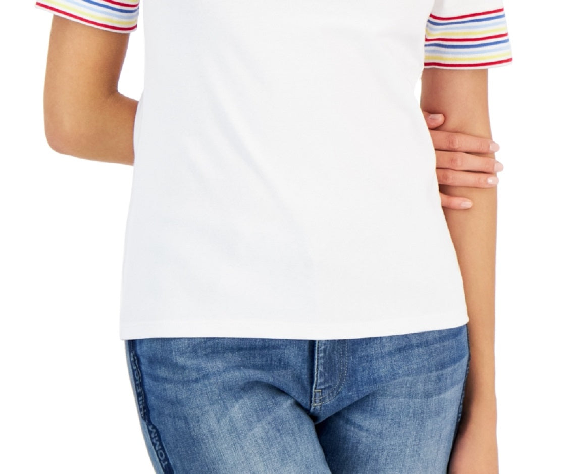 Camiseta Tommy Hilfiger Feminina de Algodão com Manga Listrada, Branca, Tamanho P
