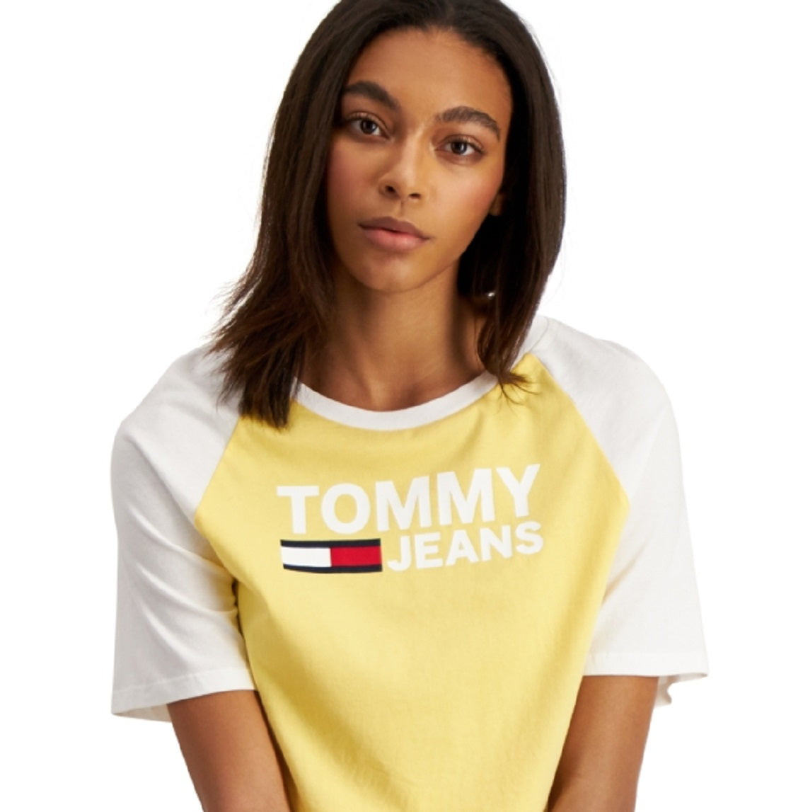 Camiseta Tommy Jeans Feminina Fused Logo Baseball Amarela Tamanho P