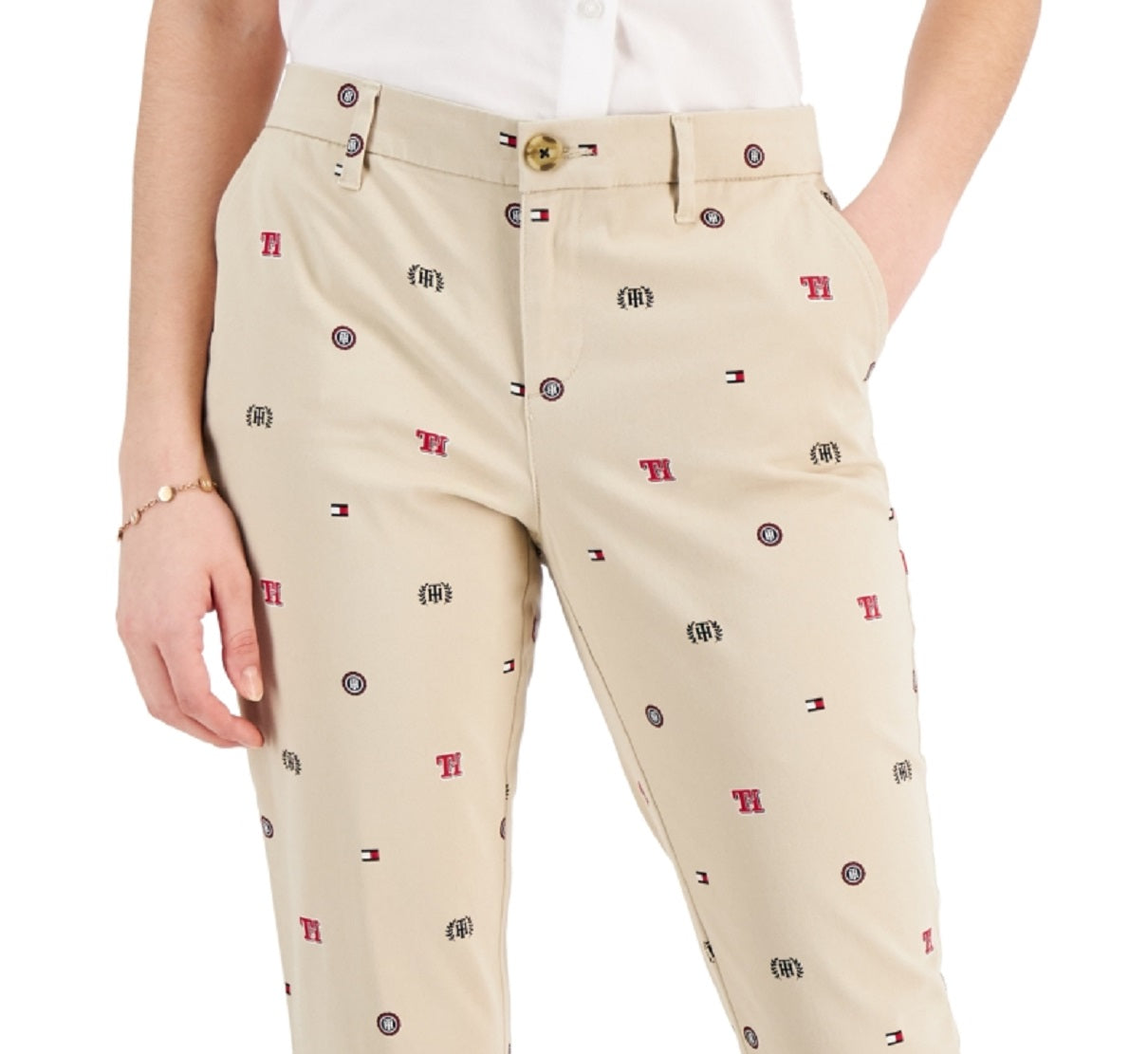 Calça Chino Tommy Hilfiger Feminina Th Flex Hampton com Estampa de Logotipo Marrom Tamanho 16