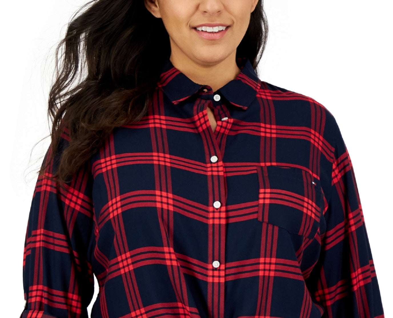 Camisa utilitária xadrez de algodão feminina Tommy Hilfiger, azul, tamanho 2X