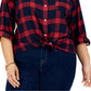 Camisa utilitária xadrez de algodão feminina Tommy Hilfiger, azul, tamanho 2X