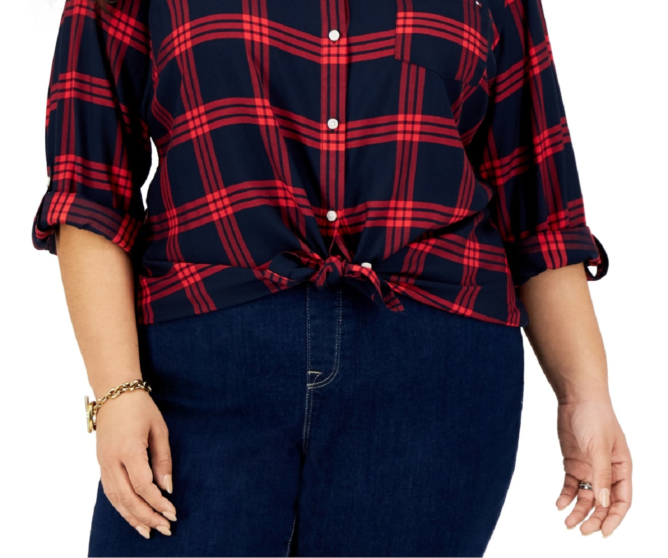 Camisa utilitária xadrez de algodão feminina Tommy Hilfiger, azul, tamanho 2X