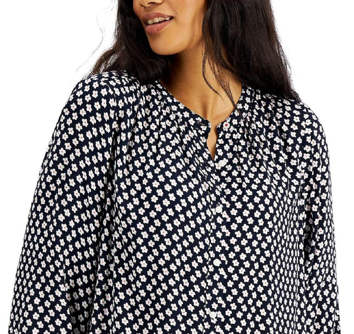 Tommy Hilfiger Blusa Feminina Floral Manga Bispo Azul Tamanho P