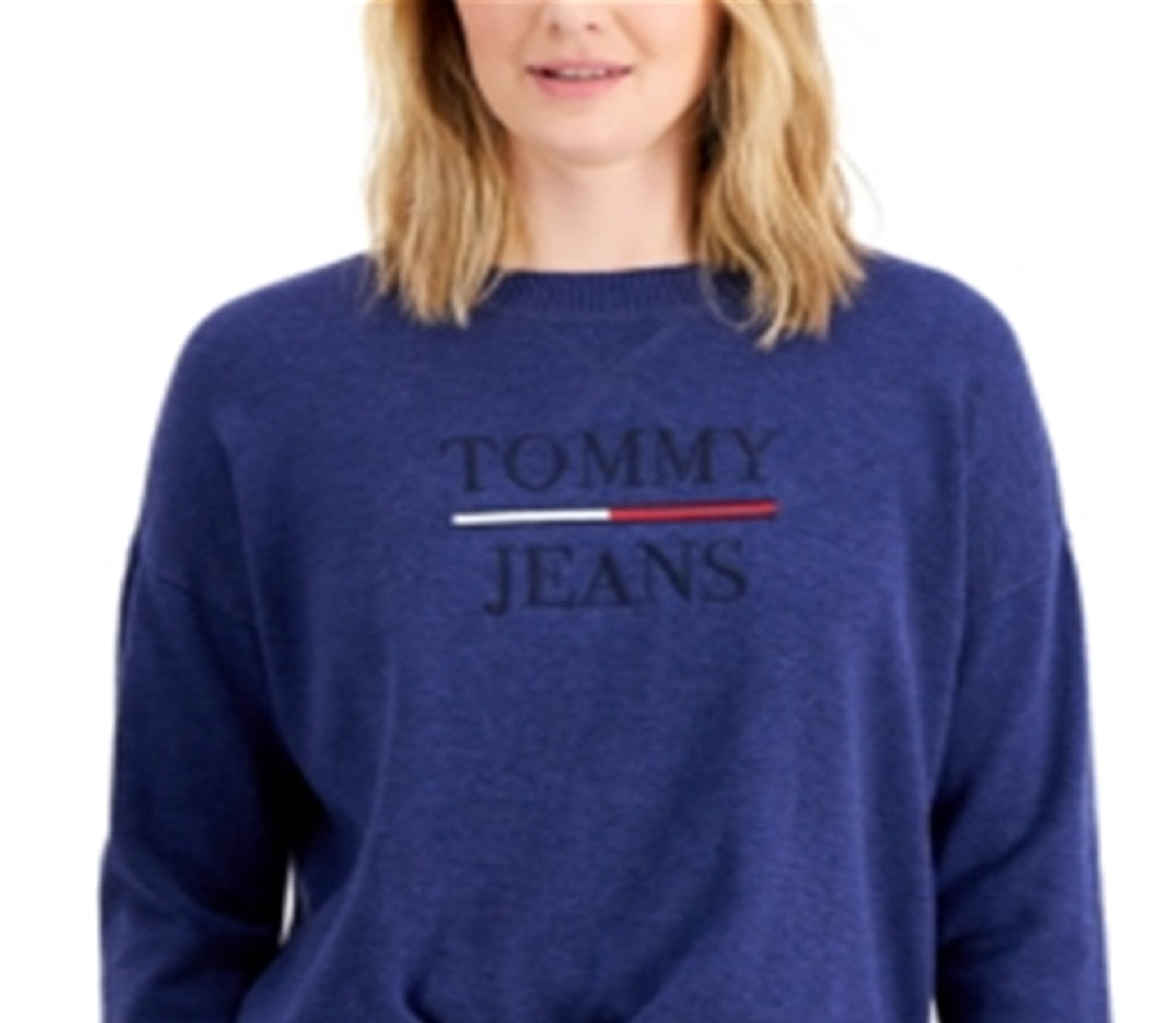 Suéter Tommy Jeans Feminino com Logo e Gola Redonda Azul Tamanho Médio