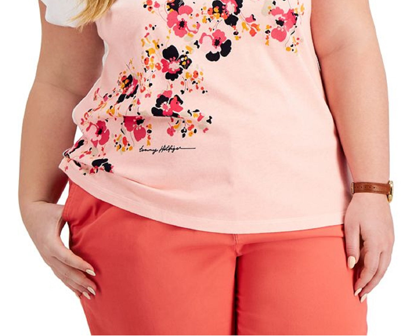 Camiseta feminina Tommy Hilfiger com estampa de trevo rosa, tamanho 3X