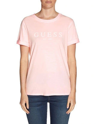 Camiseta feminina GUESS 1981 com estampa de logotipo e punho enrolado, rosa, tamanho médio