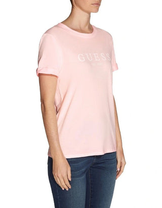 Camiseta feminina GUESS 1981 com estampa de logotipo e punho enrolado, rosa, tamanho médio