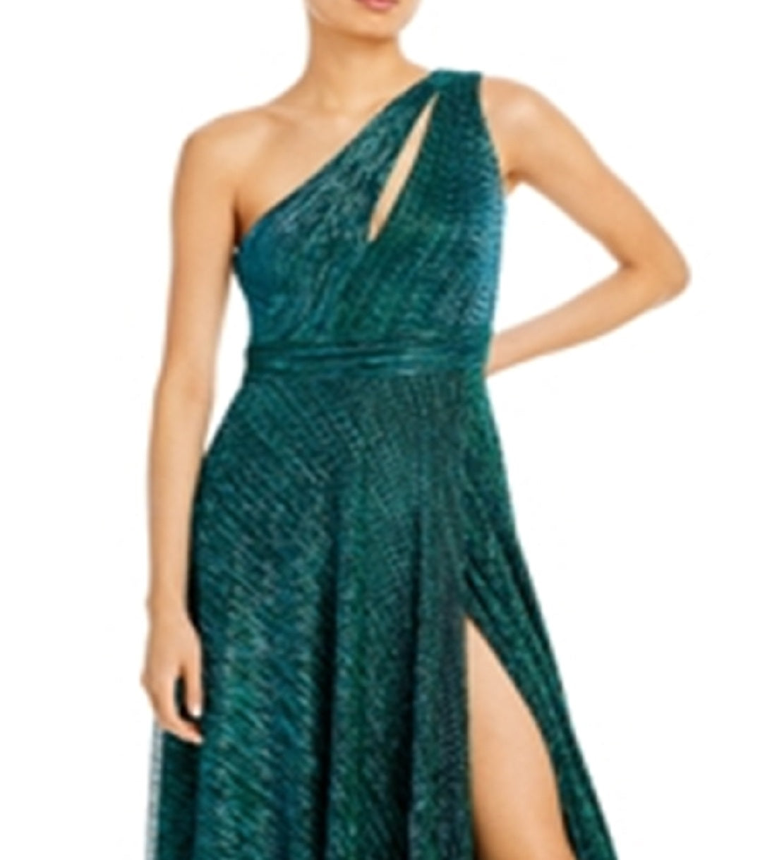 Vestido feminino Aqua com um ombro só, amassado, metálico, verde, tamanho 8