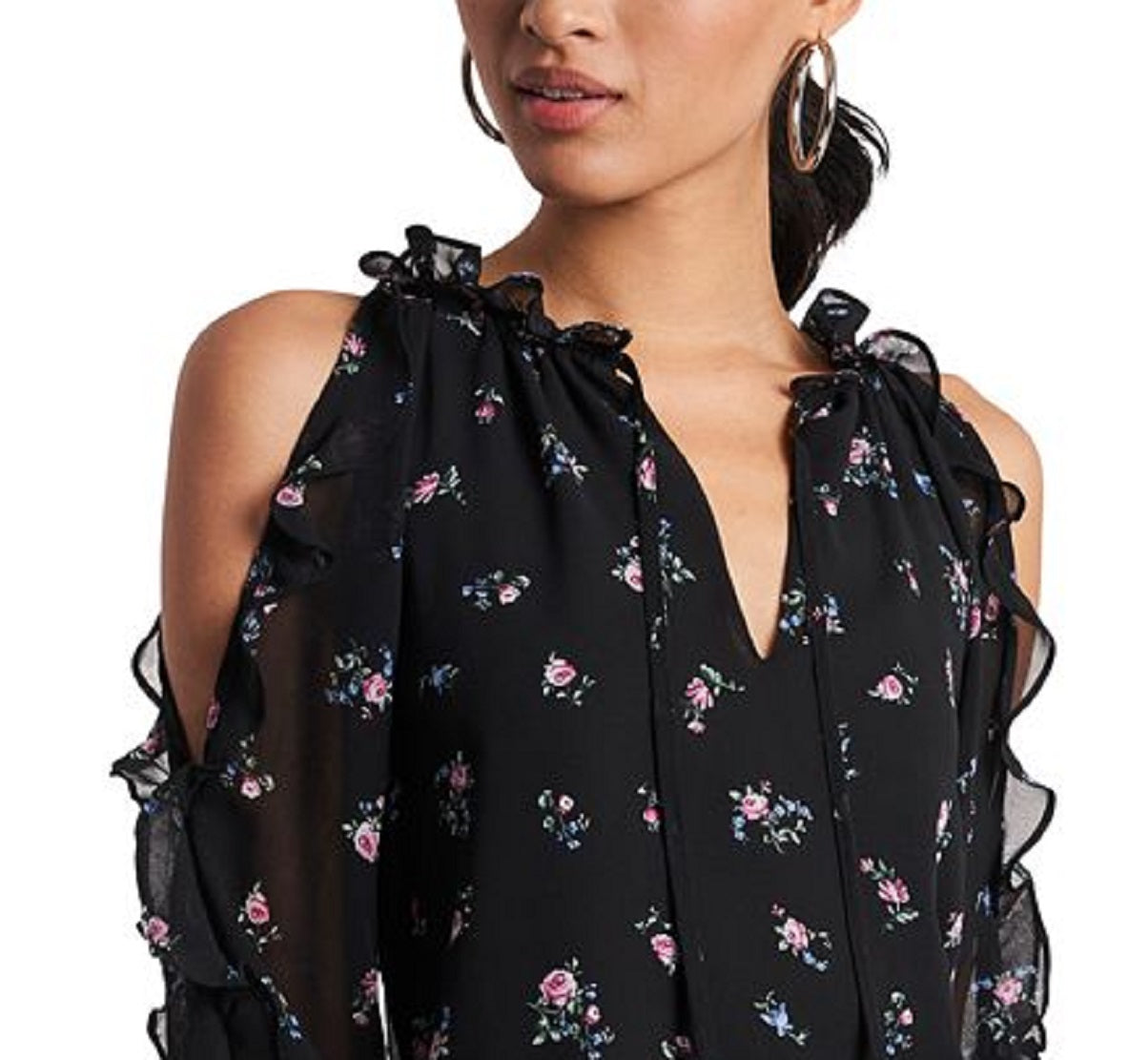 1.STATE Blusa feminina com babados e ombros descobertos, preta, tamanho extragrande