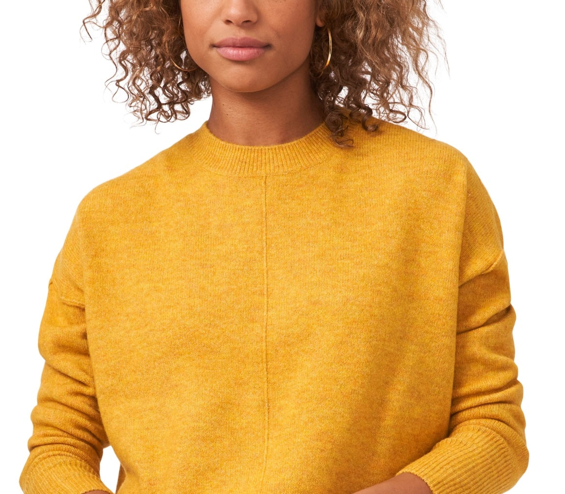 Suéter feminino Vince Camuto com gola redonda e costura central, amarelo, tamanho X-S